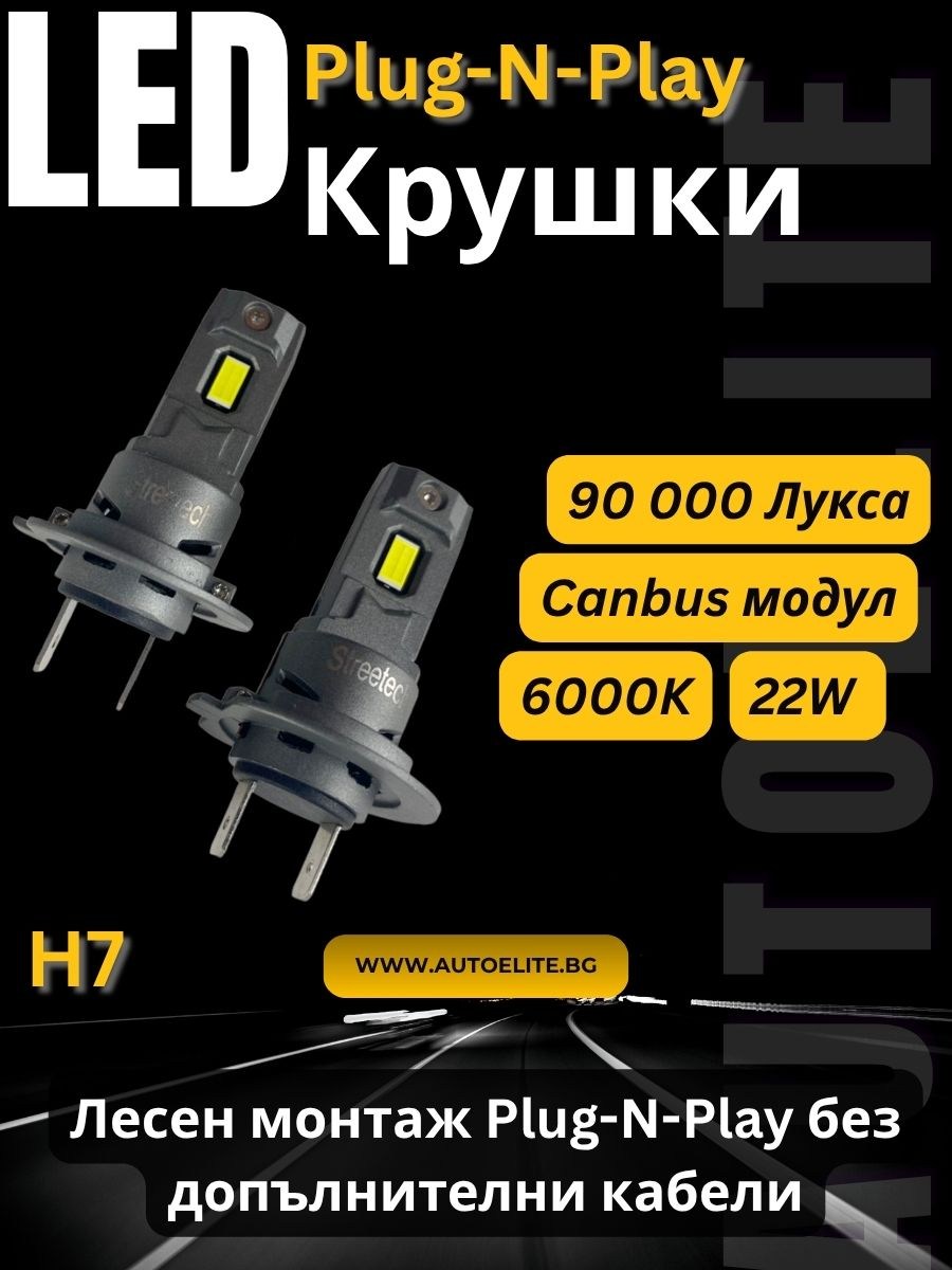 LED крушки H7 Plug-N-Play – 90 000 лукса, 22W, 6000K — мощни H7 LED крушки за фарове
