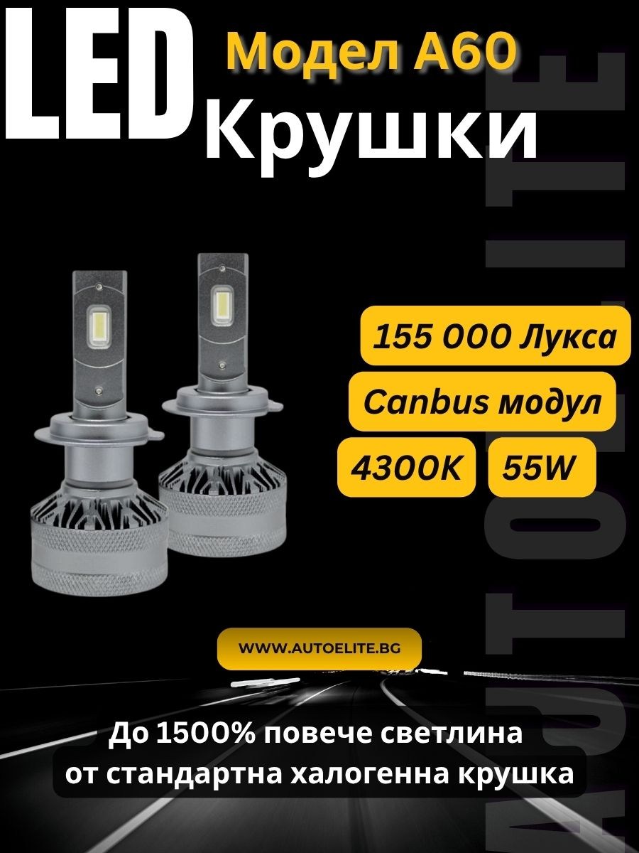 Лед крушки - Led система H7 модел A60 за фарове - 155 000 Лукса, 55W, Canbus 4300K