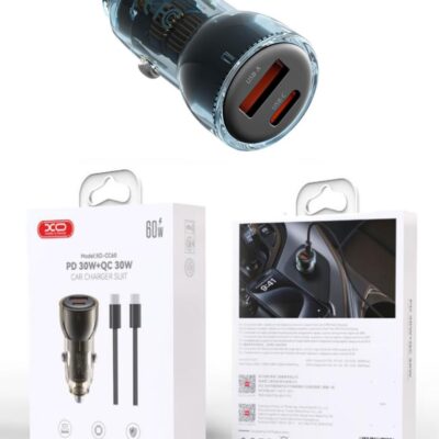 Автомобилно зарядно 60W XO CC60, бързо зареждане PD/QC комплект с кабел Type-C към Type-C