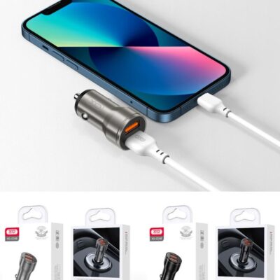 Автомобилно зарядно XO CC48 12W – 2xUSB-A, интелигентно зареждане, алуминиев корпус